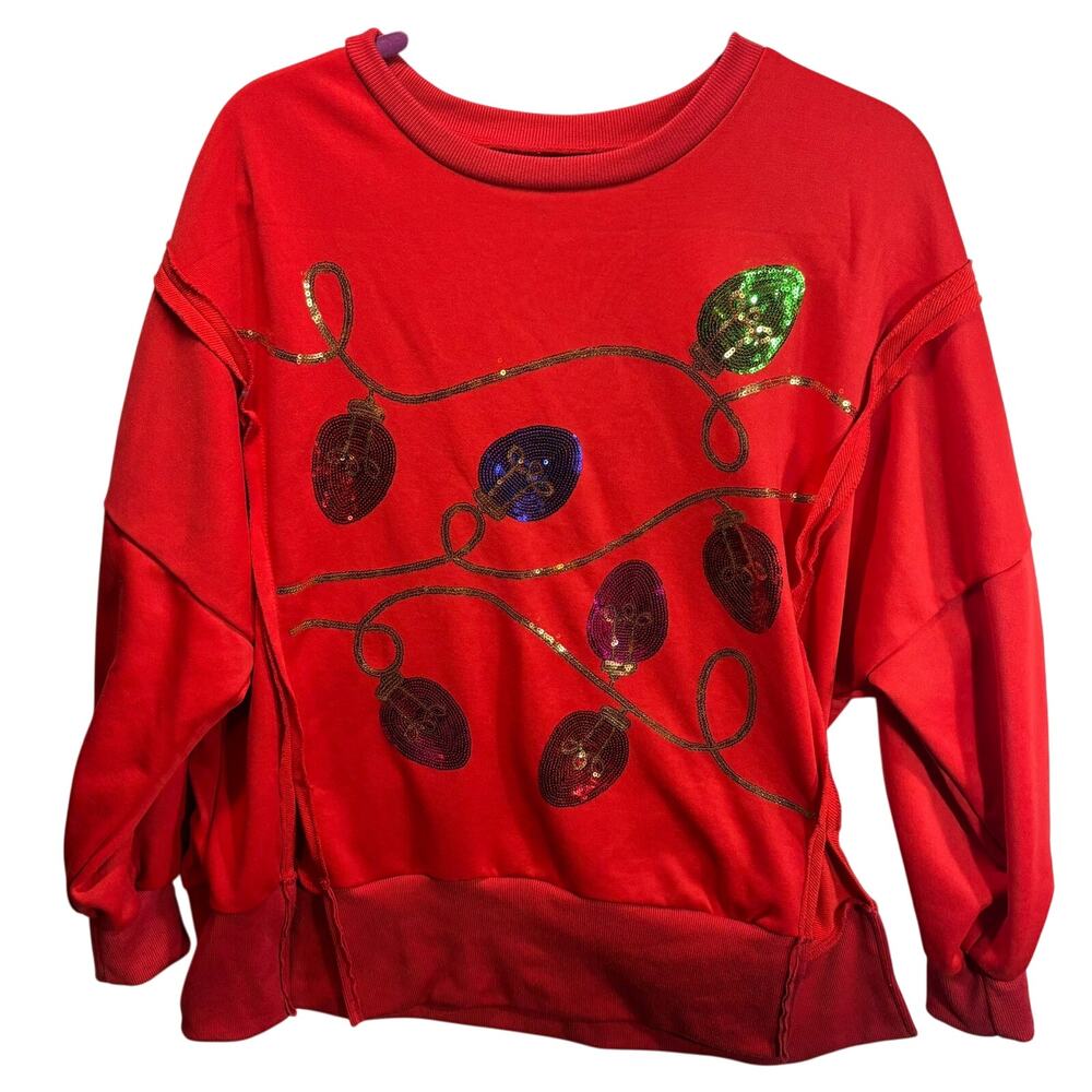 Women's Size Small S Oversized Christmas Bulbs Sweatshirt Red Sequins Polyester